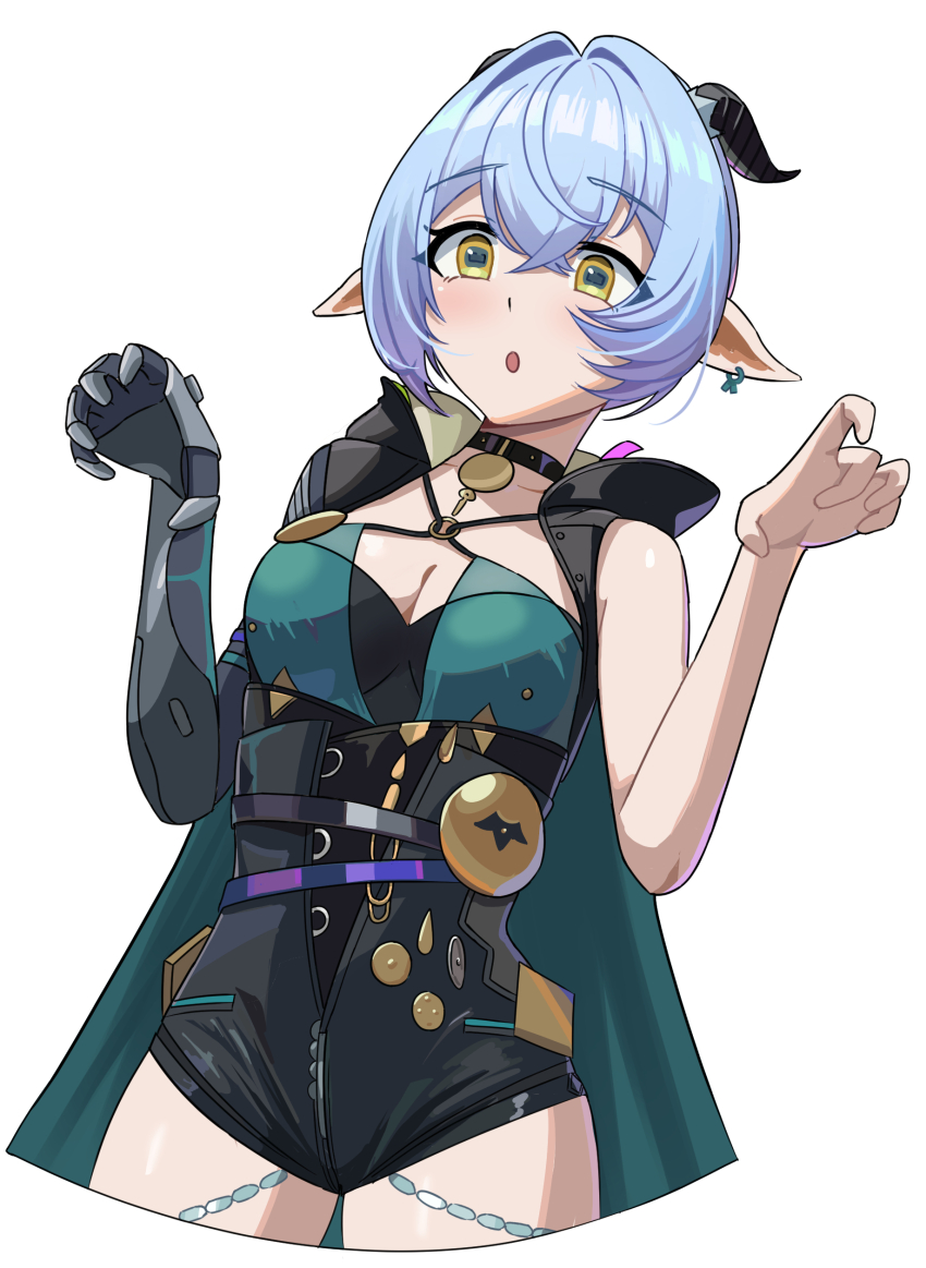 1girl :o absurdres aqua_eyes bare_shoulders black_horns black_shorts breasts cape cleavage commentary earrings goat_girl goat_horns hair_between_eyes high-waist_shorts highres hood hood_down hooded_cape horns jewelry junmin lucia_elowen mechanical_arms medium_breasts multicolored_eyes pointy_ears shorts sidelocks simple_background single_mechanical_arm solo two-tone_eyes white_background yellow_eyes zenless_zone_zero