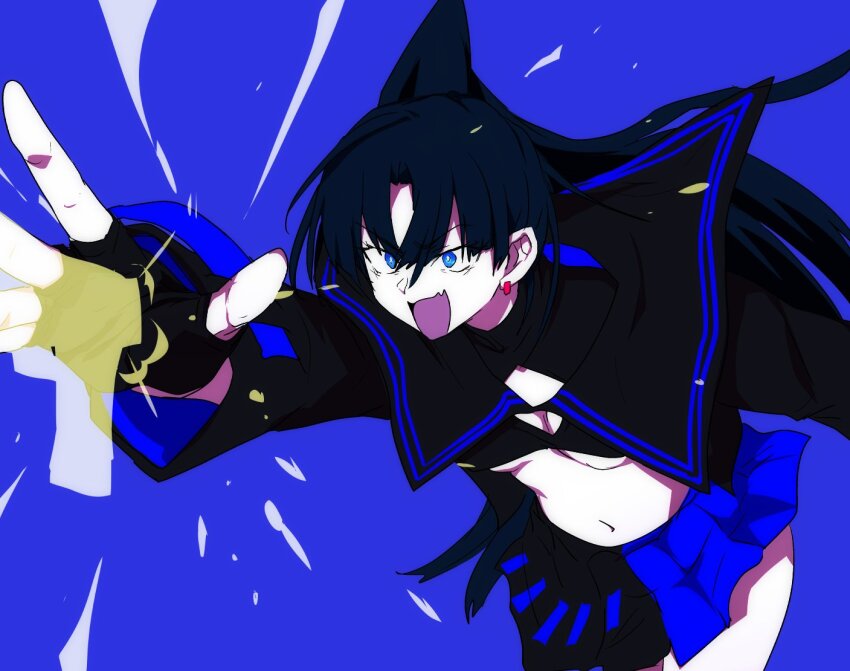 1girl ado_(utaite) black_gloves black_hair black_shirt black_skirt blue_background blue_eyes blue_skirt breasts commentary_request earrings fang fingerless_gloves gloves jewelry long_hair medium_breasts naima_(ado) navel ohiyaglass open_mouth pleated_skirt ponytail shirt simple_background skin_fang skirt solo stomach two-tone_skirt underboob usseewa