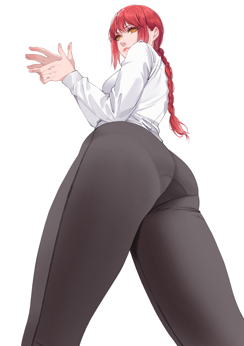1girl ass black_necktie black_pants braid braided_ponytail breasts chainsaw_man collared_shirt dress_shirt high-waist_pants highres long_hair long_sleeves makima_(chainsaw_man) medium_breasts necktie pants pantylines red_hair ringed_eyes shirt sidelocks solo thighs white_shirt yand yellow_eyes