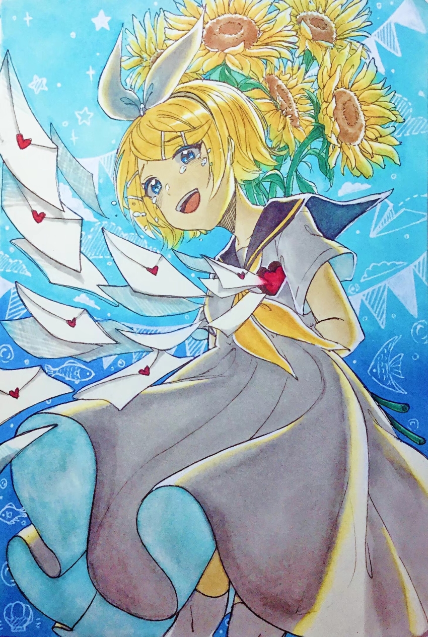 1girl arms_behind_back blonde_hair blue_background blue_eyes bow chinese_commentary commentary_request crying crying_with_eyes_open dress eob floating_tears flower hair_bow hair_flower hair_ornament hairclip heart highres holding holding_flower kagamine_rin letter love_letter marker_(medium) mixed-language_commentary paper_airplane sailor_collar sailor_dress short_hair solo star_(symbol) sunflower sunflower_hair_ornament swept_bangs tears traditional_media vocaloid