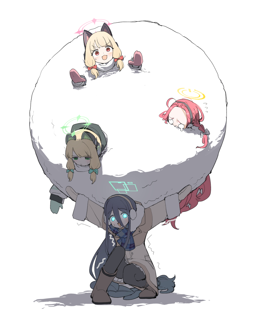 4girls absurdres ahoge aqua_halo aris_(blue_archive) blonde_hair blue_archive boots bow braid brown_boots carrying coat game_development_department_(blue_archive) gloves glowing glowing_eyes green_eyes green_halo hair_between_eyes hair_bow halo highres long_hair looking_at_viewer maton_3110 midori_(blue_archive) momoi_(blue_archive) multiple_girls pink_gloves pink_halo red_eyes scarf shadow siblings snow snowball squatting trembling twins twitter white_background white_scarf winter_clothes winter_coat yellow_halo yuzu_(blue_archive)