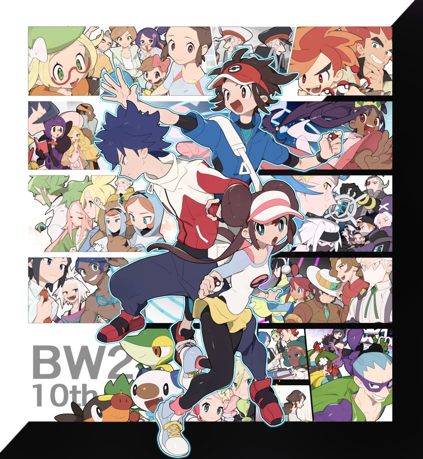 6+boys 6+girls :d :o absurdres alder_(pokemon) anniversary anthea_(pokemon) aurea_juniper benga_(pokemon) bianca_(pokemon) black_legwear blue_jacket bodysuit bodysuit_under_clothes bright_pupils brown_eyes brown_hair brycen_(pokemon) burgh_(pokemon) caitlin_(pokemon) cedric_juniper cheren_(pokemon) chili_(pokemon) cilan_(pokemon) clay_(pokemon) colress_(pokemon) commentary_request concordia_(pokemon) copyright_name cress_(pokemon) curtis_(pokemon) dark-skinned_female dark-skinned_male dark_skin double_bun drayden_(pokemon) elesa_(pokemon) emmet_(pokemon) fennel_(pokemon) fingerless_gloves gen_5_pokemon ghetsis_(pokemon) gloves green_eyes grimsley_(pokemon) hair_bun highres holding holding_poke_ball hugh_(pokemon) ingo_(pokemon) iris_(pokemon) jacket lenora_(pokemon) long_hair marlon_(pokemon) marshal_(pokemon) mimura_(nnnnnnnnmoo) multiple_boys multiple_girls n_(pokemon) nate_(pokemon) nintendo open_mouth oshawott pants pantyhose pantyhose_under_shorts poke_ball poke_ball_(basic) pokemon pokemon_bw2 pokestar_studios raglan_sleeves red_footwear red_headwear red_jacket rosa_(pokemon) roxie_(pokemon) sabrina_(pokemon) shauntal_(pokemon) shoes short_hair short_sleeves shorts skyla_(pokemon) smile sneakers snivy spiked_hair team_plasma_grunt tepig tongue twins_(pokemon) twintails unova_mother_(bw) unova_mother_(bw2) visor_cap white_pupils yancy_(pokemon) yellow_shorts zinzolin_(pokemon) zipper_pull_tab