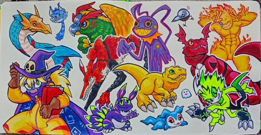 agumon blue_eyes chibikiwimon chibimon claws digimon digimon_(creature) digital_hazard elecmon_(violet) fengmon fire guilmon highres kuramon looking_at_viewer meramon one_eye_closed parrotmon pulsemon seadramon tail wanyamon wink wizarmon zero_unit