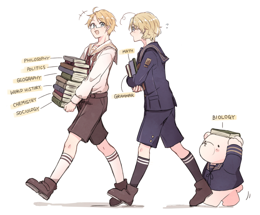 +++ 2boys ahoge america_(hetalia) animal animal_ears animal_nose arms_up axis_powers_hetalia bear bear_ears bear_tail black-framed_eyewear black_socks blonde_hair blue_eyes blue_shirt blue_shorts blush book book_on_head book_stack boots brown_boots brown_shorts canada_(hetalia) commentary_request english_text flying_sweatdrops full_body glasses holding holding_book long_sleeves looking_at_another multiple_boys nbsr neck_ribbon object_on_head open_mouth puffy_long_sleeves puffy_sleeves purple_eyes red_ribbon ribbon sailor_collar semi-rimless_eyewear shadow shirt short_hair shorts simple_background smile socks suspender_shorts suspenders tail walking white_background white_socks