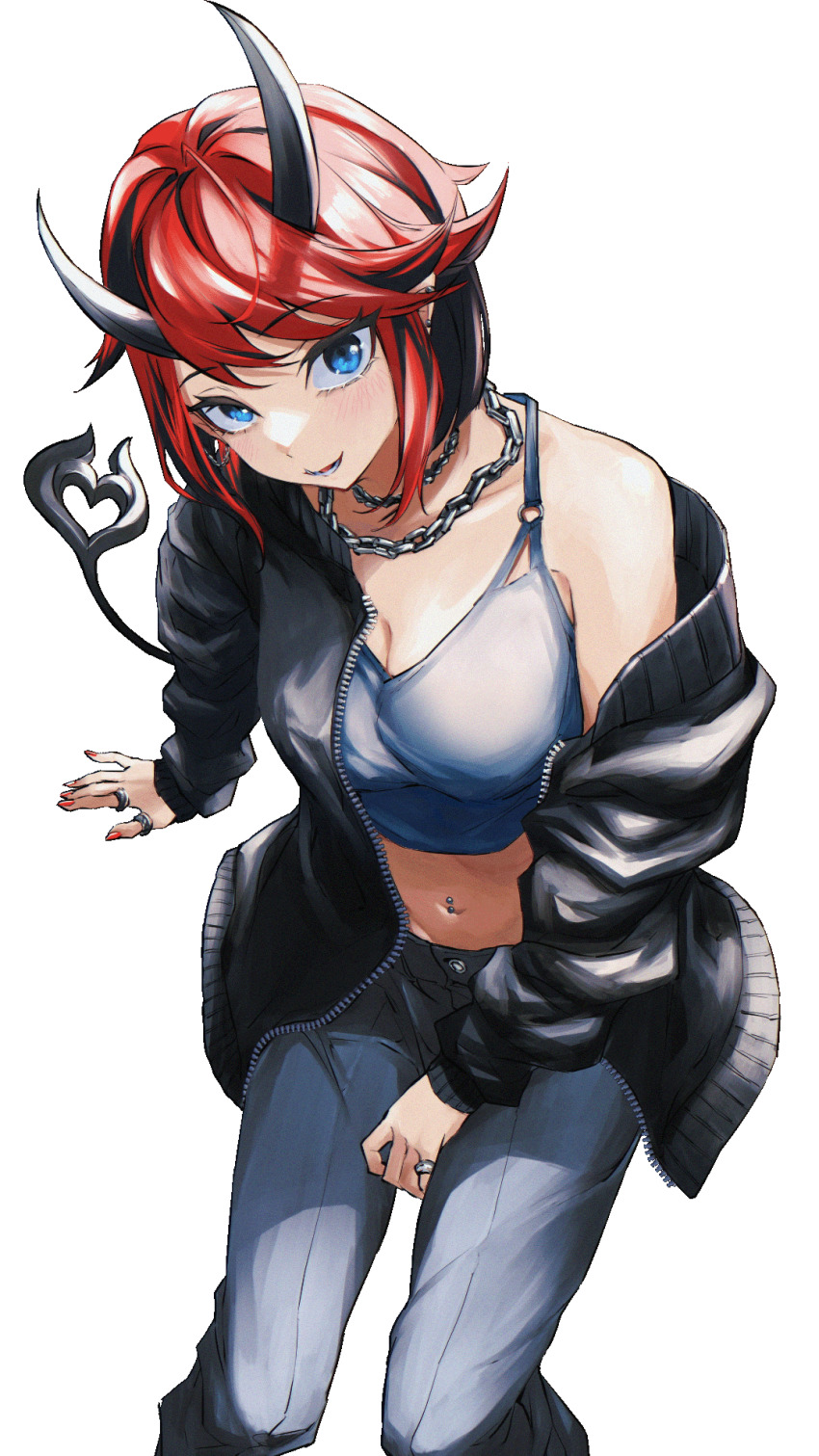 1girl alternate_costume black_hair black_jacket blue_eyes blush breasts camisole chain chain_necklace cleavage commentary_request crop_top demon_girl demon_horns demon_tail duplicate ear_piercing feet_out_of_frame gin_(tttetu123) grey_camisole grey_pants highres horns jacket jewelry large_breasts looking_at_viewer midriff multicolored_hair nanashi_inc. navel necklace off_shoulder open_clothes open_jacket open_mouth pants piercing pointy_ears red_hair ryugasaki_rene short_hair simple_background sitting solo sugar_lyric tail transparent_background two-tone_hair virtual_youtuber zipper