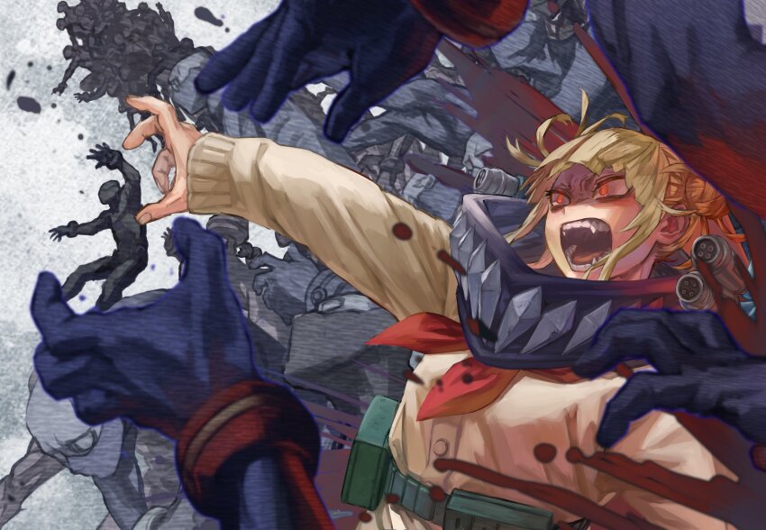 absurdres angry arm_up bandana belt blonde_hair blood boku_no_hero_academia bracelet bubaigawara_jin cardigan fangs glowing glowing_eyes hair_bun highres jewelry messy_hair neckerchief open_mouth reaching red_eyes red_neckerchief surrounded_by_hands toga_himiko yomoyama_yotabanashi