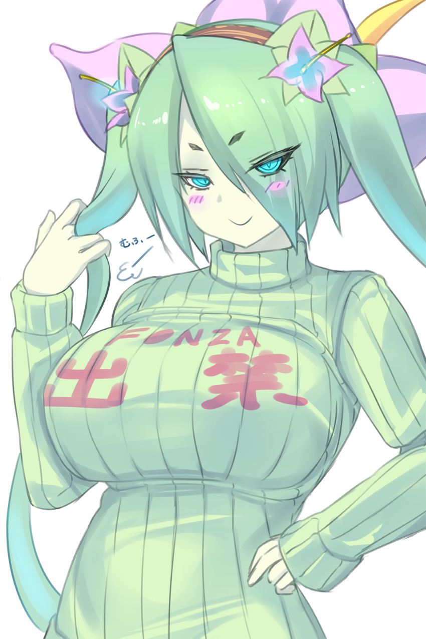 1girl alraune blue_eyes blush blush_stickers breasts closed_mouth clothes_writing colored_skin commentary_request eyes_visible_through_hair flower green_hair green_skin green_sweater hair_flower hair_ornament half-closed_eyes highres impossible_clothes kanon_(mon-musu_quest!) large_breasts long_hair long_sleeves looking_at_viewer mon-musu_quest! mon-musu_quest:_paradox monster_girl plant_girl playing_with_own_hair puff_of_air ribbed_sweater shiki_(psychedelic_g2) short_eyebrows simple_background smile solo sweater translation_request turtleneck turtleneck_sweater twintails upper_body v-shaped_eyebrows variant_set very_long_hair white_background