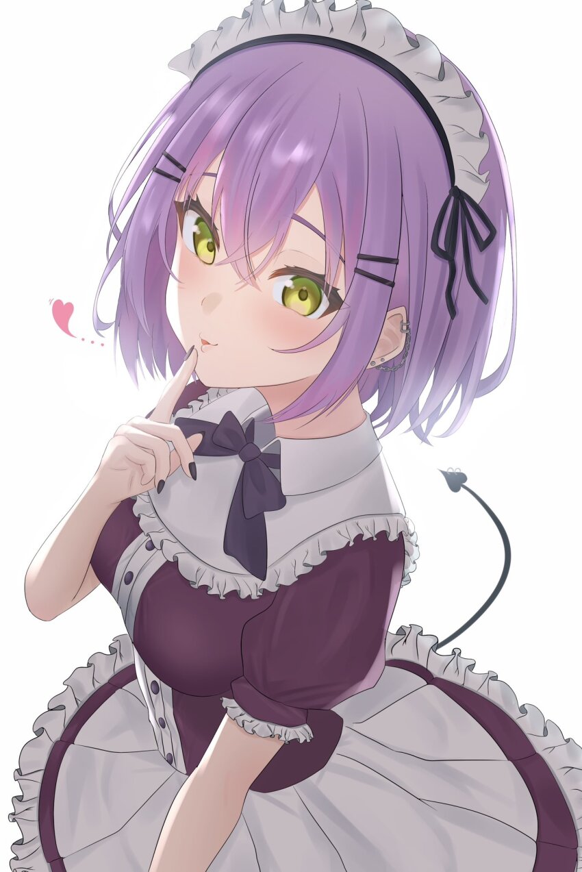 alternate_costume alternate_hairstyle black_bow black_bowtie black_nails blush bob_cut bow bowtie buttons circle_skirt commentary demon_tail double-parted_bangs dress ear_chain ear_piercing enmaided finger_to_mouth green_eyes hair_between_eyes hair_ornament hairclip highres hillgar0 hololive index_finger_raised linked_piercing maid maid_headdress multicolored_hair nail_polish parallel_hairclips piercing pink_hair pointy_ears puckered_lips puritan_collar purple_dress purple_hair shushing simple_background streaked_hair tail tokoyami_towa virtual_youtuber white_background