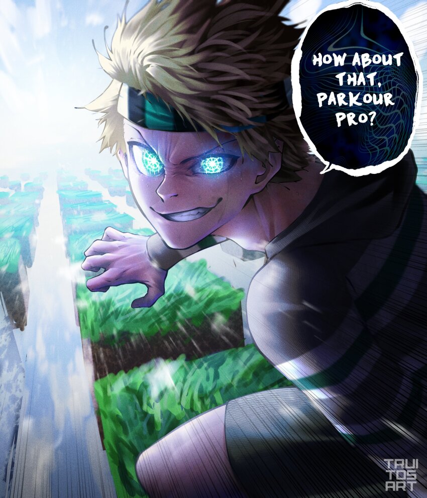 1boy absurdres artist_name block_(minecraft) blonde_hair blue_eyes blue_lock commentary day derivative_work english_commentary english_text evbo glowing glowing_eyes grass_block grin headband highres looking_at_viewer male_focus minecraft minecraft_youtube outdoors parkour_civilization short_hair smile solo speech_bubble teeth truitosart watermark