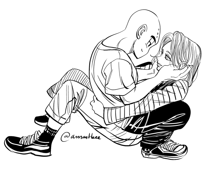 1boy 1girl amartbee android_18 bald bald_male black_eyes couple dragon_ball happy hug husband_and_wife kuririn smile white_background