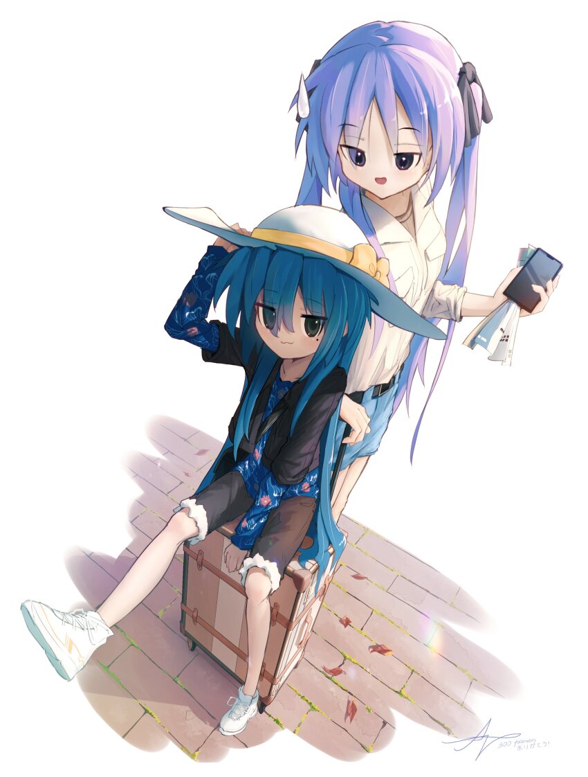 2girls absurdres ap04astral belt black_belt black_bow black_jacket black_shorts blue_eyes blue_hair blue_shirt bow brick_floor comedic_sweatdrop denim denim_shorts dress_shirt falling_leaves green_eyes hat highres hiiragi_kagami izumi_konata jacket leaf lucky_star mole mole_under_eye multiple_girls phone purple_hair ribbed_shirt ribbon rolling_suitcase shirt shoes shorts sitting smile sneakers suitcase sun_hat twintails white_background white_shoes yellow_bow yellow_ribbon