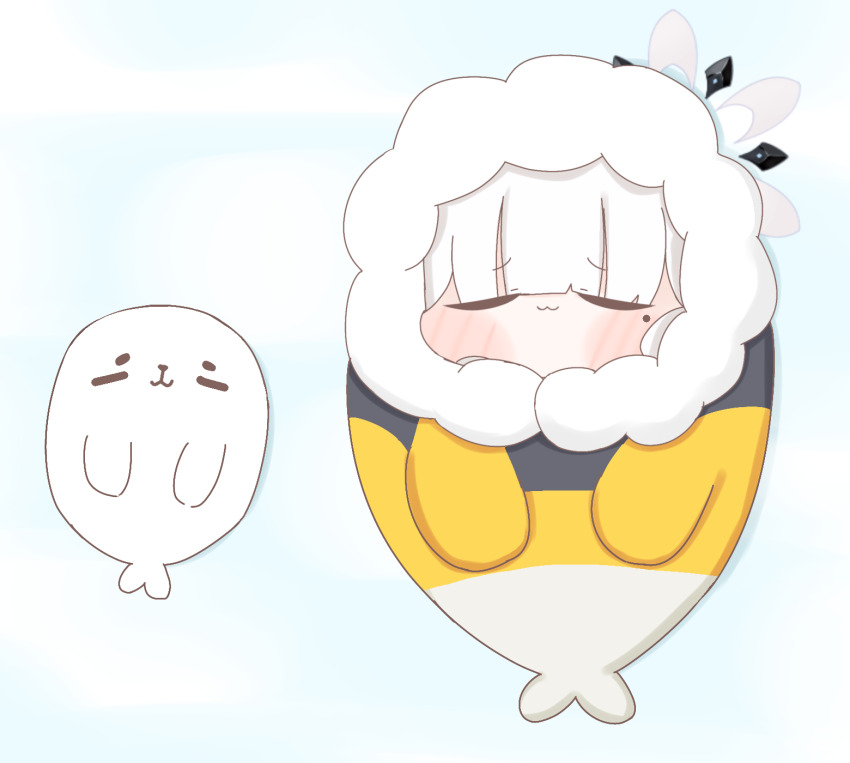 :3 blue_archive blush chibi closed_eyes coat halo highres himari_(blue_archive) hood hood_up jacket mole seal trimmed_jacket white_hair winter_clothes winter_coat