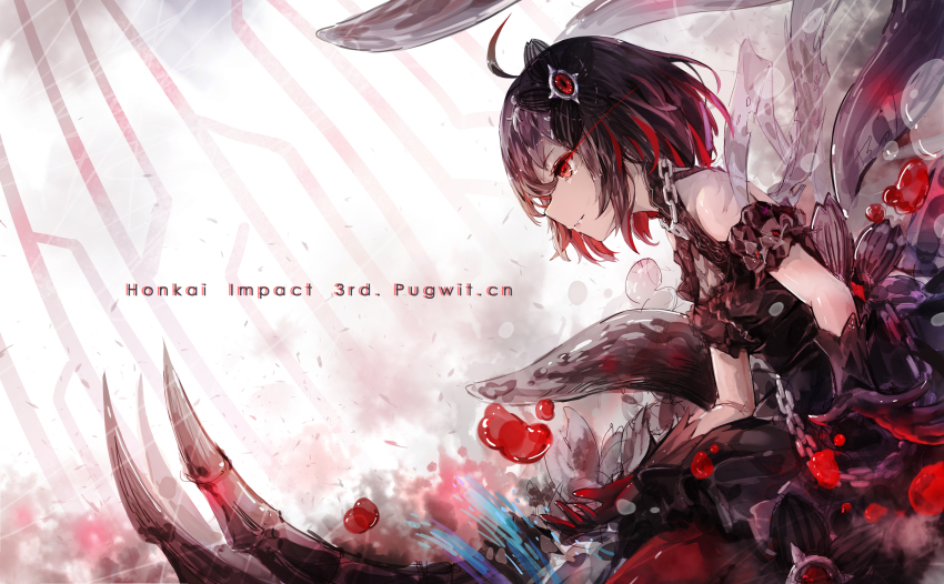 1girl absurdres antenna_hair bare_shoulders black_dress black_gloves blood chain closed_mouth disembodied_hand dress evil_smile gloves hair_between_eyes hair_ornament highres honkai_(series) honkai_impact_3rd looking_to_the_side pugwit red_eyes red_hair seele_(alter_ego) seele_vollerei seele_vollerei_(stygian_nymph) short_hair smile solo
