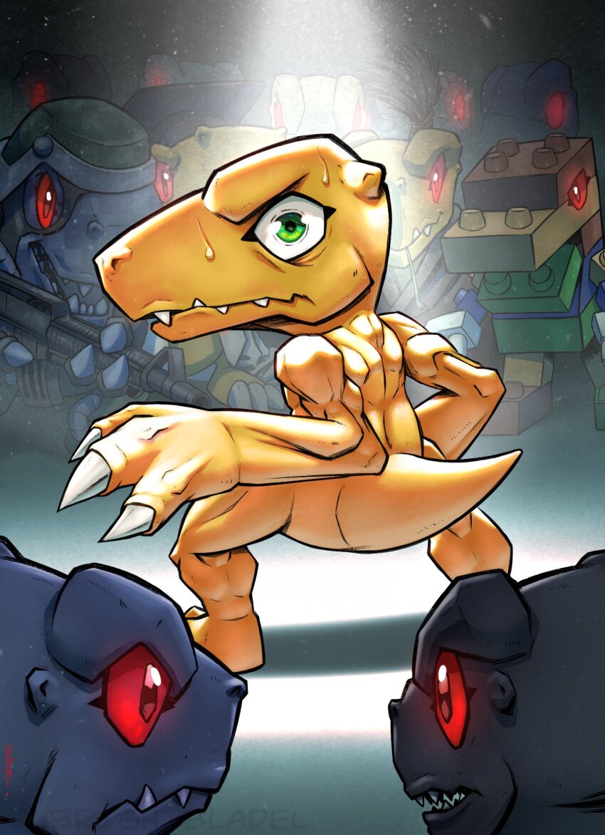 agumon agumon_(black) agumon_hakase bushiagumon commandramon digimon digimon_(creature) glowing glowing_eyes green_eyes gun helmet highres red_eyes sharp_teeth tail teeth toyagumon toyagumon_(black) weapon yukiagumon