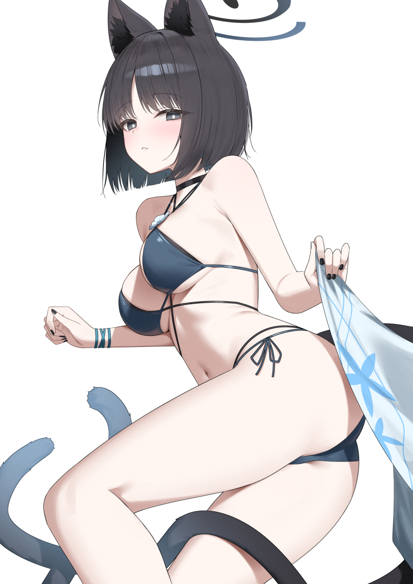 1girl absurdres animal_ears ass bikini black_eyes black_nails black_tail blue_archive blue_bikini blue_halo blue_tail cat_ears cat_girl cat_tail closed_mouth colored_inner_animal_ears criss-cross_straps gradient_tail halo haori highres japanese_clothes kikyou_(blue_archive) kikyou_(swimsuit)_(blue_archive) layered_bikini light_blush looking_at_viewer lying multi-strapped_bikini_bottom multiple_tails n4_h4m nail_polish official_alternate_costume on_side simple_background solo swimsuit tail two_tails white_background