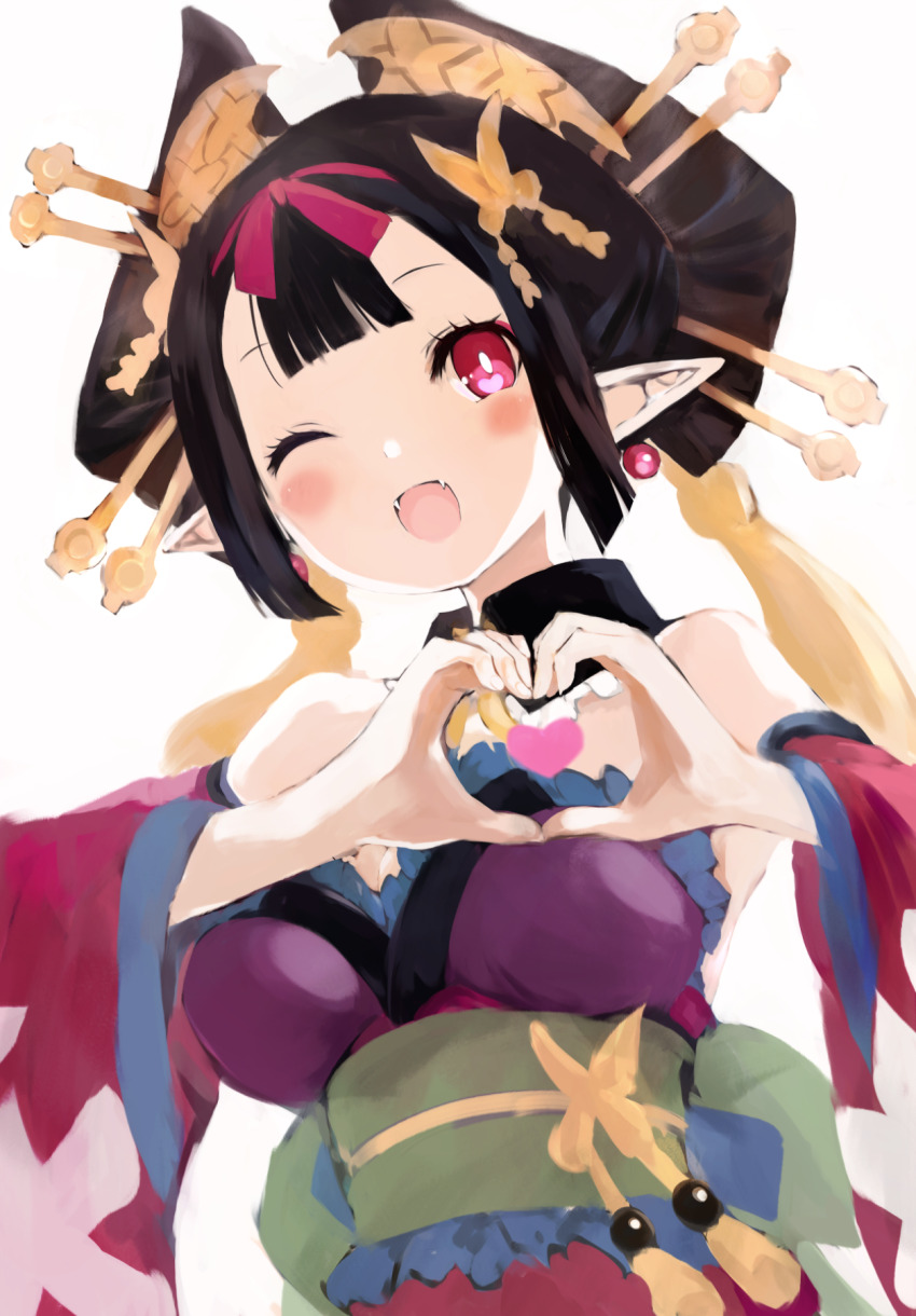 1girl animal_print bare_shoulders black_collar black_hair blunt_bangs blunt_sidelocks blush blush_stickers bow breasts butterfly_hair_ornament butterfly_print cleavage collar datehyogo demon_girl detached_collar detached_sleeves disgaea earrings fangs frilled_collar frills geisha gold green_sash hair_ornament hair_ribbon hair_stick heart heart_hands heart_in_heart_hands highres japanese_clothes jewelry kakuwashi kanzashi large_breasts long_sleeves looking_at_viewer maiko_(disgaea) makai_senki_disgaea_7 nihongami obi obiage obijime one_eye_closed open_mouth pink_sleeves pointy_ears red_eyes red_ribbon ribbon sash short_hair simple_background smile solo sphere_earrings tassel upper_body waist_bow