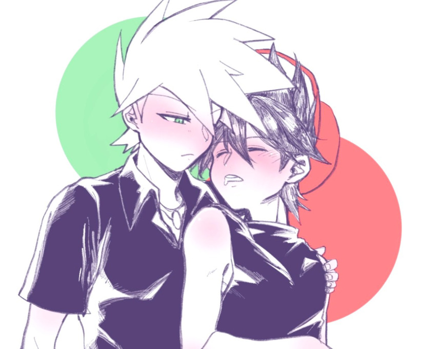 2boys blue_oak blush ca_pkmn drooling drunk green_eyes leaning_on_person md5_mismatch multiple_boys nintendo orange_hair pokemon pokemon_adventures red_(pokemon) sleeping sleeveless yaoi