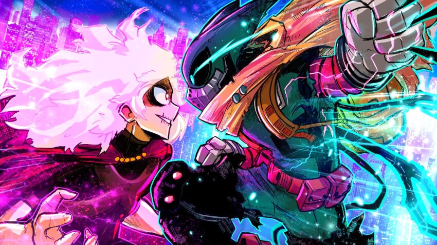 2boys bags_under_eyes battle belt belt_pouch black_sclera bodysuit boku_no_hero_academia cape city_lights cityscape clenched_hand colored_sclera crackling_energy dry_lips duel evil_smile gloves glowing glowing_eyes green_bodysuit green_eyes highres looking_at_another male_focus mask midoriya_izuku mouth_mask multiple_boys pouch red_eyes scar scar_on_face scar_on_mouth scarf shigaraki_tomura sky smile sonchapo superhero_costume torn_clothes torn_scarf utility_belt white_hair