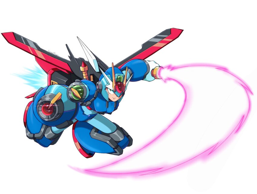 1boy aiming aiming_at_viewer android arm_cannon armor blue_armor blue_helmet clenched_teeth commentary energy_sword forehead_jewel full_body gundam gundam_seed helmet highres holding holding_sword holding_weapon male_focus mecha mechanical_wings mega_man_(series) mega_man_x_(series) perfect_strike_gundam robot science_fiction simple_background solo surrealmason sword teeth vernier_thrusters weapon white_background wings x_(mega_man)