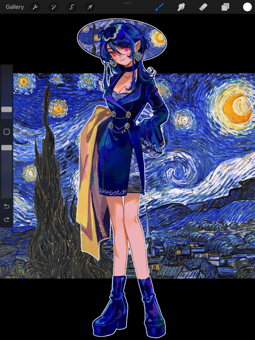 1girl alternate_costume coat earrings full_body gem high_heels highres holding_coat holding_unworn_clothes iizunamaru_megumu jewelry k0nfette solo standing starry_night_(van_gogh) touhou unworn_coat user_interface wide_brim