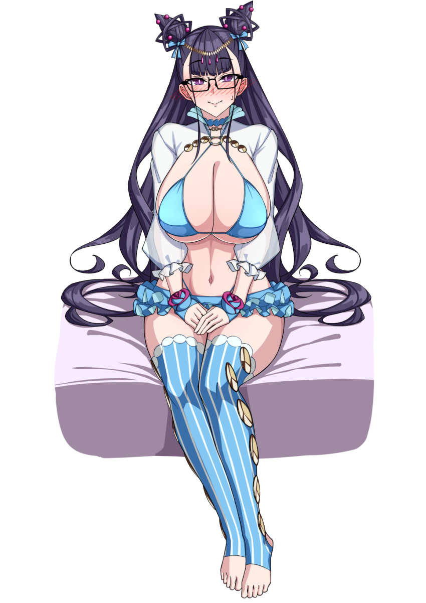 1girl bikini blue_bikini blue_thighhighs blush breasts cleavage collarbone cropped_shirt double_bun fate/grand_order fate_(series) fingerless_gloves full_body glasses gloves hair_bun highres large_breasts long_hair long_sleeves looking_at_viewer murasaki_shikibu_(fate) murasaki_shikibu_(swimsuit_rider)_(fate) murasaki_shikibu_(swimsuit_rider)_(third_ascension)_(fate) muta_poo navel o-ring purple_eyes purple_hair shirt shrug_(clothing) smile solo stirrup_legwear striped_clothes striped_thighhighs swimsuit thighhighs toeless_legwear very_long_hair white_shirt