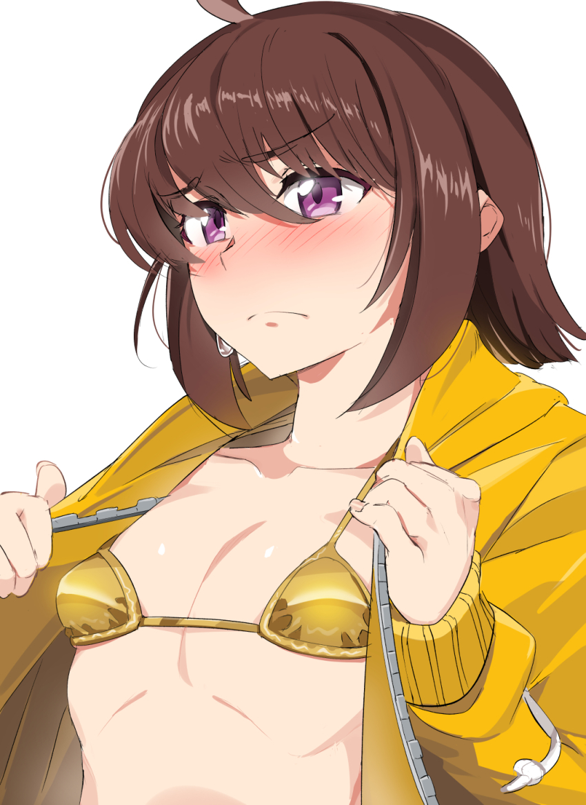 1girl ahoge bikini blush breasts brown_eyes brown_hair gold_bikini golden_week highres hood hoodie linne_(under_night_in-birth) open_clothes open_hoodie purple_eyes shiny_swimsuit short_hair simple_background small_breasts solo swimsuit touniyuu under_night_in-birth white_background yellow_hoodie