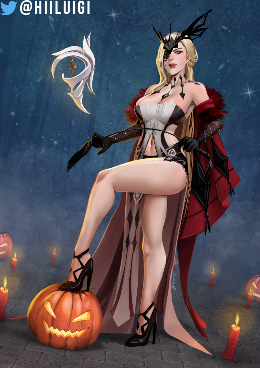 1girl absurdres bare_shoulders black_gloves black_mask blonde_hair blue_eyes breasts butterfly_mask candle cleavage delusion_(genshin_impact) dress elbow_gloves fishnet_gloves fishnets fur_trim genshin_impact gloves halloween high_heels highres hiiluigi jack-o&#039;-lantern lace-trimmed_eyepatch large_breasts long_hair looking_at_viewer mask mask_over_one_eye one_eye_covered pelvic_curtain signora_(genshin_impact) smile solo strapless strapless_dress studded_gloves twitter_username