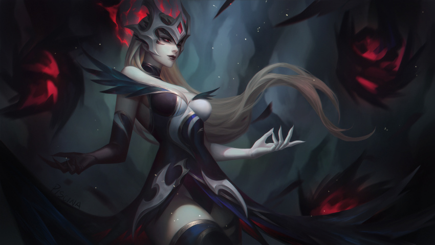 1girl absurdres artist_name bare_shoulders black_dress breasts cleavage closed_mouth coven_syndra dress energy_ball gem glowing grey_background groin helmet highres large_breasts league_of_legends long_hair magic medium_breasts multicolored_dress piscina purple_eyes smile solo syndra thighhighs white_hair