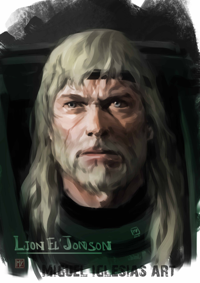 1boy absurdres armor artist_name beard black_headband blonde_facial_hair blonde_hair blue_eyes character_name closed_mouth dated facial_hair green_armor headband highres initial lion_el&#039;jonson long_hair looking_at_viewer male_focus miguel_iglesias portrait sketch warhammer_40k white_background
