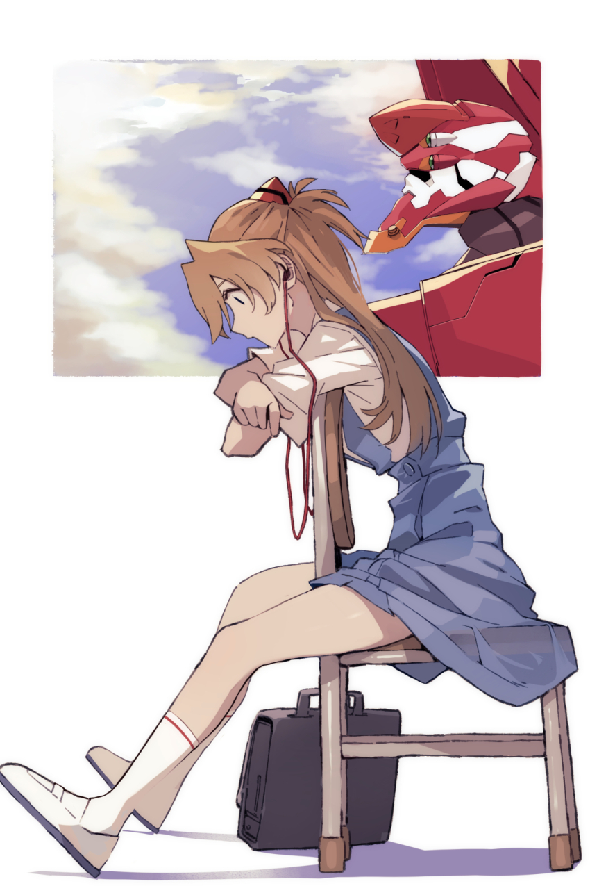 1girl bag bare_legs blue_eyes bow brown_hair chair cloud cloudy_sky eva_02 full_body highres long_hair looking_down mecha neon_genesis_evangelion red_bow robot school_bag school_uniform shiny_skin shoes simple_background sitting skirt sky sneakers solo souryuu_asuka_langley suspender_skirt suspenders tokyo-3_middle_school_uniform white_sleeves yagisawa_teru