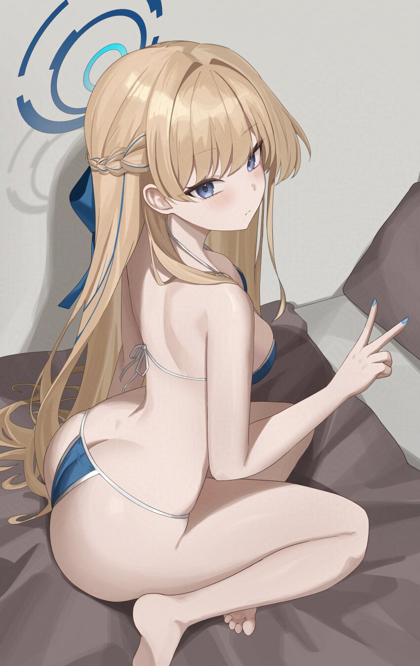 1girl absurdres alternate_costume ass bikini blonde_hair blue_archive blue_bikini blue_eyes blue_halo blue_nails butt_crack fast_owl from_behind halo highres nail_polish solo swimsuit toki_(blue_archive) v