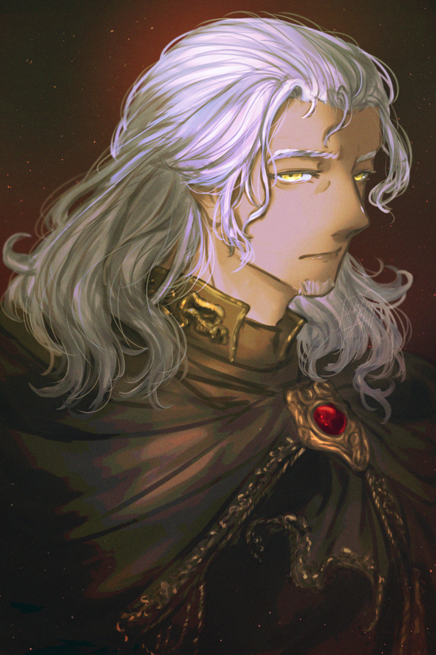 1boy absurdres closed_mouth commentary elden_ring elden_ring:_shadow_of_the_erdtree embers english_commentary gem highres jubishii long_hair male_focus old old_man red_background red_gemstone sir_ansbach solo upper_body white_hair yellow_eyes