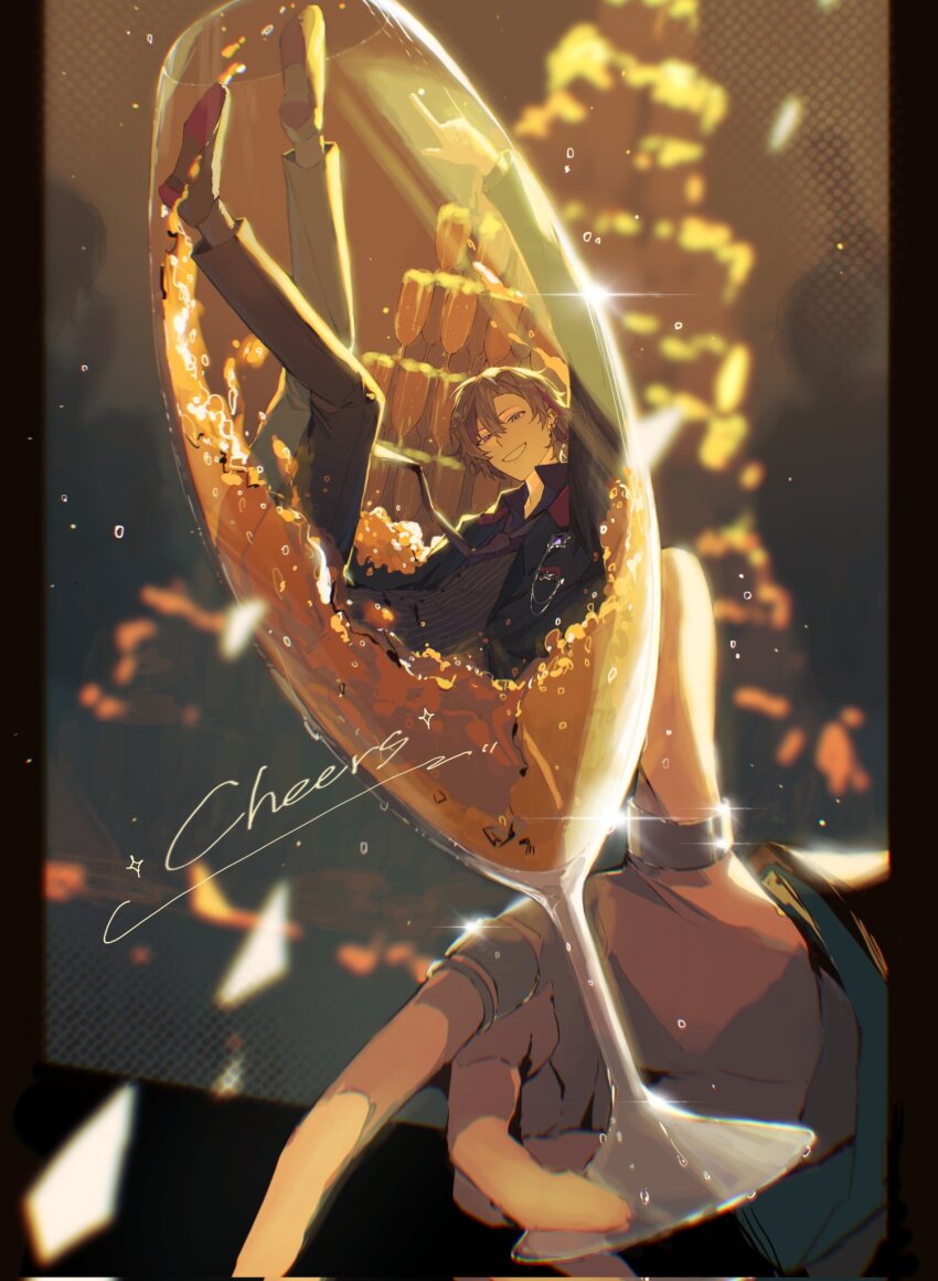 1boy alcohol black_jacket black_necktie black_pants brooch brown_hair buttons champagne champagne_tower collared_shirt corrupted_twitter_file cup ear_piercing formal_clothes fuwa_minato fuwa_minato_(2nd_costume) glass grin hair_between_eyes highres holding holding_cup jacket jewelry leg_up long_sleeves looking_at_viewer male_focus mini_person multicolored_hair necktie nijisanji no_aid open_clothes open_jacket open_vest pants parted_bangs piercing purple_eyes ring screentones shirt shoes smile solo streaked_hair striped_clothes striped_shirt vertical-striped_clothes vest virtual_youtuber
