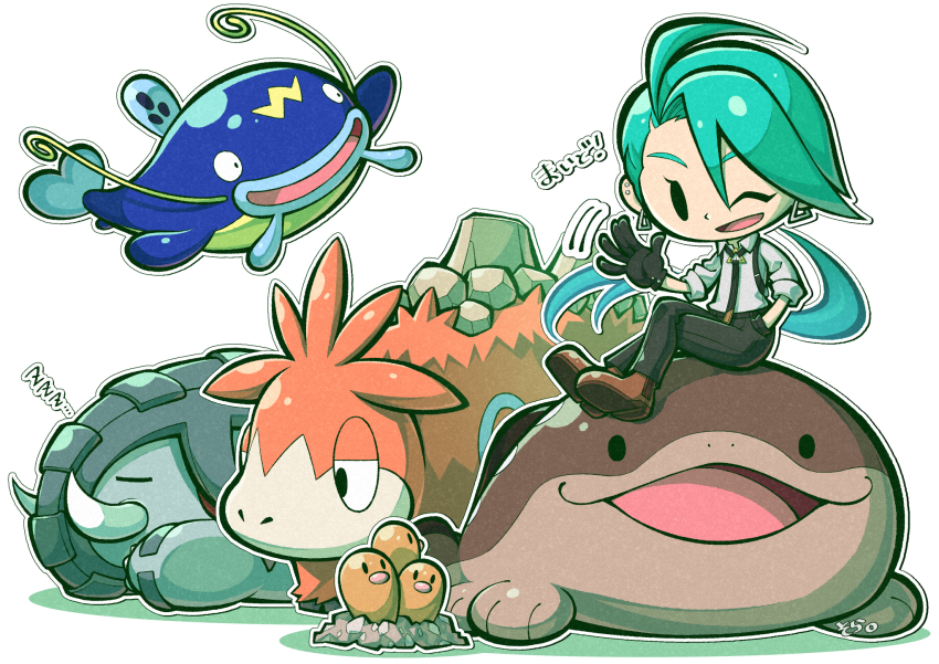 04sora40 1girl black_pants brown_footwear camerupt clodsire donphan dugtrio earrings gen_1_pokemon gen_2_pokemon gen_3_pokemon hand_in_pocket highres jewelry long_sleeves nintendo one_eye_closed pants pokemon pokemon_(creature) pokemon_sv ponytail rika_(pokemon) simple_background sitting solid_oval_eyes suspenders translation_request waving whiscash white_background zzz
