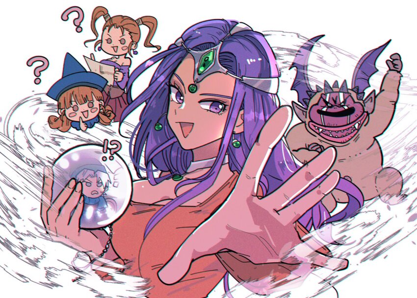 !? 1boy 3girls ? aerokinesis air_current alena_(dq4) asymmetrical_dress blue_hat bracelet breasts chibi chibi_inset circlet cleavage corset crystal_ball dark-skinned_female dark_skin dragon_quest dragon_quest_iv dragon_quest_rivals dragon_quest_vi dragon_quest_viii dress earrings forehead_jewel gem green_gemstone hands_up hat hennin holding_orb jessica_albert jewelry long_hair long_sleeves looking_at_viewer magic minea_(dq4) monizel monster multiple_girls neck_ring off-shoulder_shirt off_shoulder open_mouth orange_dress orange_hair orb outstretched_arm outstretched_hand purple_eyes purple_hair purple_shirt reaching reaching_towards_viewer shirt short_hair silver_circlet single_bare_shoulder single_sleeve smile solo_focus sphere_earrings terry_(dq6) twintails upper_body white_hair wind