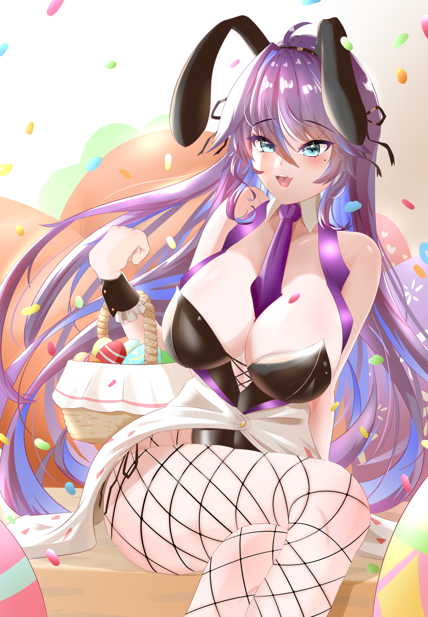 1girl absurdres ahoge animal_ears basket black_leotard black_wrist_cuffs blue_eyes blue_hair blush breasts cleavage collar commentary detached_collar fake_animal_ears fang fishnet_pantyhose fishnets highres holding holding_basket kappaako kson large_breasts leotard long_hair looking_at_viewer mole mole_under_eye multicolored_hair necktie open_mouth pantyhose piercing playboy_bunny purple_hair purple_necktie rabbit_ears skin_fang smile solo strapless strapless_leotard streaked_hair teeth tongue_piercing upper_teeth_only virtual_youtuber vshojo white_collar wrist_cuffs