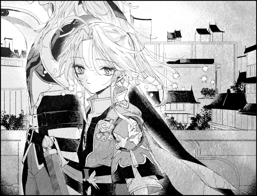 2boys ahoge bell belt black_border border building commentary_request curtained_hair expressionless from_side greyscale hair_over_shoulder halftone hatching_(texture) height_difference high_collar high_ponytail honkai:_star_rail honkai_(series) jing_yuan jingle_bell layered_shirt linear_hatching long_hair looking_at_viewer male_focus monochrome multiple_boys outdoors pants parted_bangs ponytail q_ninc sheath sheathed short_sleeves side-by-side sidelocks solo_focus tree upper_body yanqing_(honkai:_star_rail)