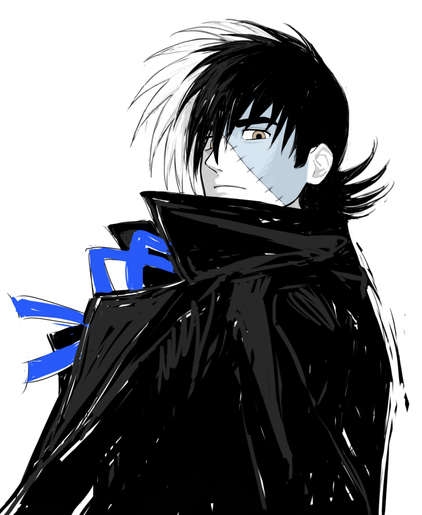 1boy black_coat black_hair black_jack_(character) black_jack_(series) blue_ribbon brown_eyes closed_mouth coat frown hair_over_one_eye highres long_sideburns looking_at_viewer male_focus multicolored_hair neck_ribbon patchwork_skin ribbon scar scar_on_face short_hair sideburns simple_background solo split-color_hair thick_eyebrows tiry_235 two-tone_hair upper_body white_background white_hair