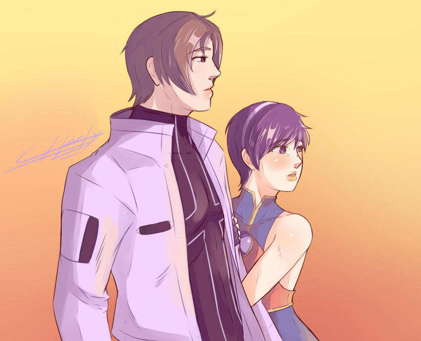 1boy 1girl asamiya_athena brown_hair charlyarts jacket kusanagi_kyou psycho_soldier purple_hair short_hair snk the_king_of_fighters the_king_of_fighters_2001 tomboy white_jacket