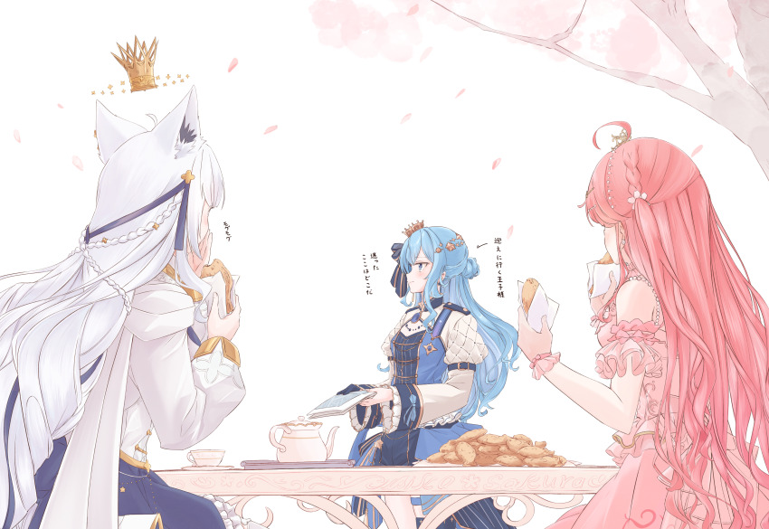 3girls absurdres ahoge animal_ear_fluff animal_ears blue_eyes blue_hair blue_skirt blush bow braid breasts chamomile_(kazumasa) cleavage_cutout clothing_cutout confused covering_own_mouth crown cup detached_sleeves dress eating falling_petals floating_crown flower food fox_ears fox_girl frilled_dress frilled_gloves frilled_skirt frilled_sleeves frills fubumicomet_(hololive) gloves gold_trim hair_flower hair_ornament hairclip hands_up highres holding holding_food holding_map holding_paper hololive hoshimachi_suisei hoshimachi_suisei_(stellar_into_the_galaxy) juliet_sleeves layered_dress long_hair long_sleeves looking_at_another looking_to_the_side map medium_breasts mini_crown multiple_girls official_alternate_costume on_chair paper petals pink_dress pink_hair plate puffy_long_sleeves puffy_sleeves sakura_miko sakura_miko_(flower_fantasista!) shirakami_fubuki shirakami_fubuki_(saint) short_sleeves sitting skirt sleeve_cuffs small_breasts smile standing star_(symbol) star_hair_ornament star_in_eye symbol_in_eye table taiyaki teacup teapot tiara tilted_headwear tree turning_head very_long_hair virtual_youtuber wagashi white_gloves white_hair wide_sleeves