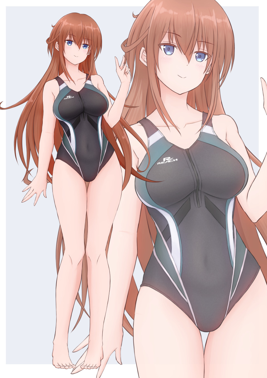 1girl absurdres alice_gear_aegis alternate_hair_length alternate_hairstyle barefoot black_one-piece_swimsuit blue_eyes border breasts brown_hair collarbone competition_swimsuit covered_navel cowboy_shot full_body grey_background highres kanagata_sugumi large_breasts long_hair looking_at_viewer one-piece_swimsuit simple_background smile solo standing swimsuit tubamesaapoo two-tone_background white_border zoom_layer