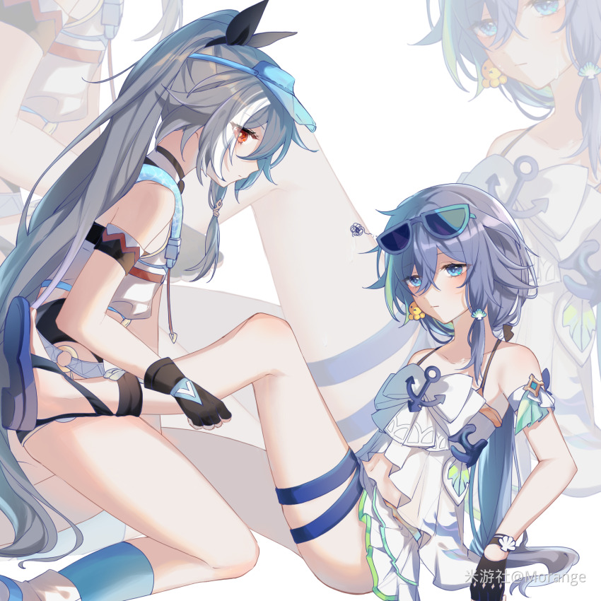 2girls artist_name bare_shoulders bikini black_bow black_gloves black_shorts blonde_hair blue_eyes blue_footwear blue_hair blue_headwear blue_socks bow closed_mouth eyeliner eyewear_on_head fingerless_gloves fu_hua herrscher_of_sentience fu_hua_(seagull&#039;s_soar) fu_hua_(shadow_knight) gloves goggles grey_hair hair_between_eyes hair_bow hair_ornament herrscher_of_sentience_(ooh!_summer!) high_ponytail highres honkai_(series) honkai_impact_3rd jewelry long_hair looking_at_viewer low-tied_long_hair low_ponytail makeup mangzhi_yaoyao multicolored_hair multiple_girls navel official_alternate_costume ponytail red_eyeliner red_eyes shoes short_shorts shorts sleeveless socks stomach streaked_hair sunglasses swimsuit thighs unworn_eyewear visor_cap white_background white_bikini white_footwear white_hair white_swimsuit yellow_pupils