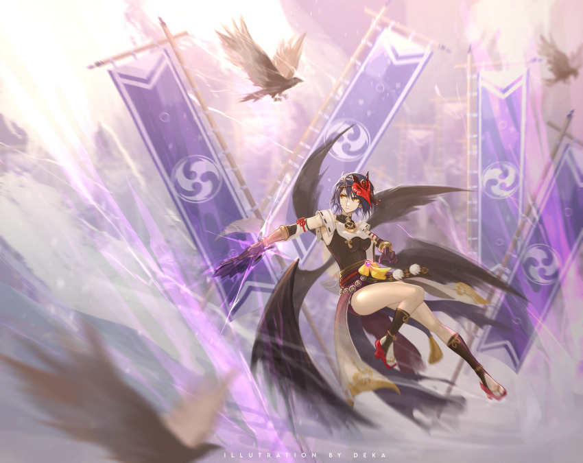 1girl absurdres arm_guards armpits artist_name bare_shoulders bird black_gloves black_wings blue_hair breast_curtain breasts clenched_hand collared_shirt crow dark_blue_hair deka_yo detached_sleeves elbow_gloves electricity epic eyelashes feather_fan feathered_wings feet_up female_focus fighting_stance flag flying full_body genshin_impact geta gloves hand_fan hand_up highres holding holding_fan huge_filesize japanese_clothes jewelry kneehighs kujou_sara legs looking_to_the_side mask mask_on_head medium_breasts medium_hair mihoyo multiple_wings neck necklace obi outdoors outstretched_arm sandals sash serious shirt shorts shorts_under_skirt sidelocks sleeveless sleeveless_shirt socks swept_bangs tabi tassel tengu tengu-geta tengu_mask thighs tomoe_(symbol) vision_(genshin_impact) wide_sleeves wings yellow_eyes