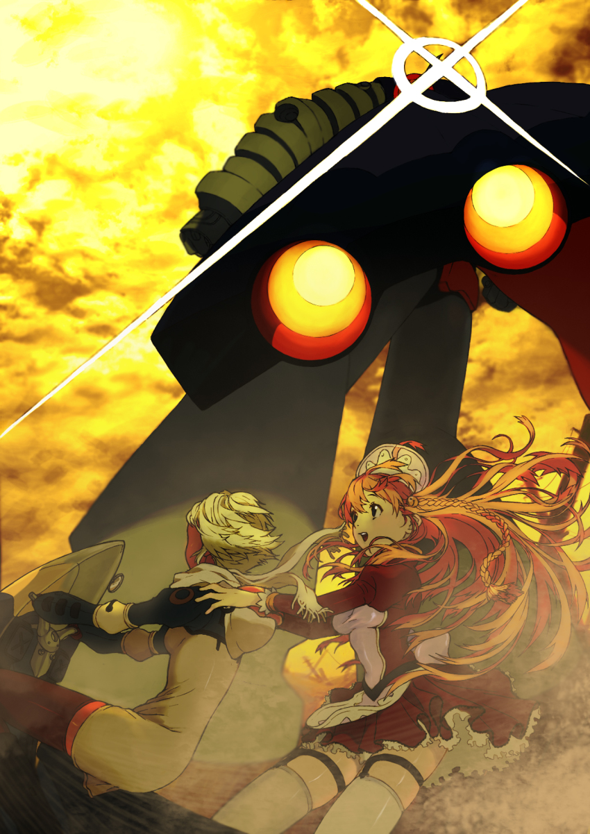 00s 2girls apron bad_id bad_pixiv_id blonde_hair bodysuit braid cloud cloudy_sky dix-neuf dress floating_hair from_side glint glowing glowing_eyes highres lal&#039;c_mellk_mal long_hair long_sleeves monster motor_vehicle motorcycle multiple_girls multiple_riders nono_(top_wo_nerae_2!) profile puffy_long_sleeves puffy_sleeves red_dress red_hair riding single_braid sky top_wo_nerae!_(series) top_wo_nerae_2! vehicle very_long_hair waist_apron yellow_eyes zmfkv