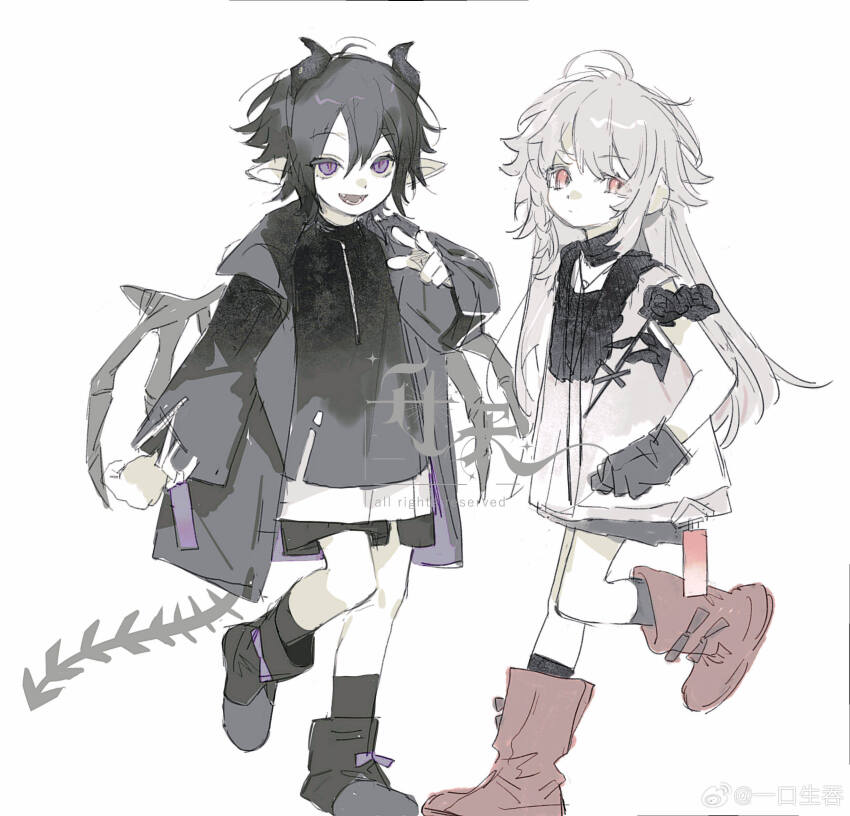 absurdres black_hair child demon_horns highres horns long_hair original simple_background skeletal_wings smile white_hair wings yikou_sheng_tun