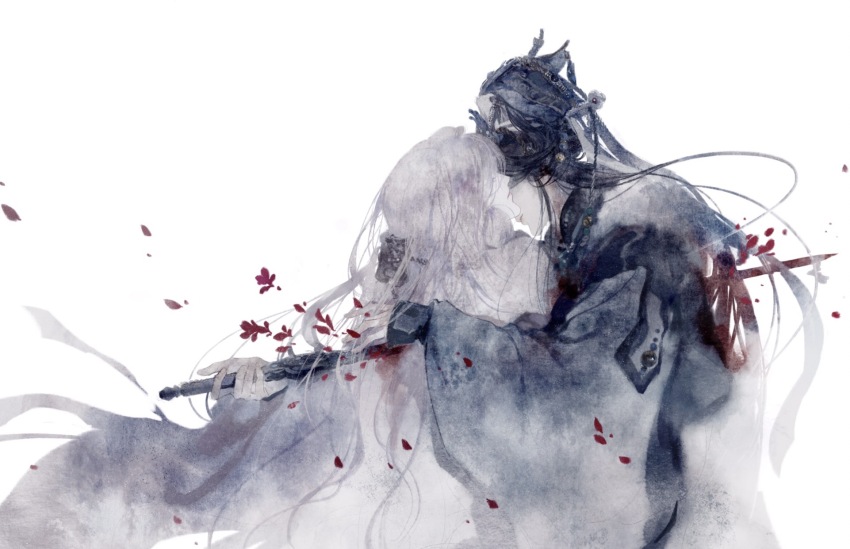 2boys black_hair blood blood_on_clothes blood_spray chinese_clothes closed_eyes closed_mouth double_suicide dying falling_petals from_side grey_hanfu hanfu highres holding holding_sword holding_weapon impaled jinguang_budaixi layered_sleeves long_sidelocks long_sleeves male_focus multiple_boys petals red_petals ren_piaomiao shen_gu_wen_huang sidelocks sleeves_past_wrists suicide sword upper_body weapon white_hair white_hanfu wide_sleeves xiao_guan_(headdress) yu_yu_huadiao