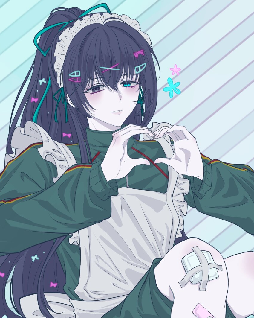 1boy absurdres aegyo_sal apron bandage_on_knee black_eyes blue_eyes bow diagonal-striped_background double-parted_bangs green_track_suit hair_between_eyes hair_bow hair_ornament hair_ribbon heart heart_hands heterochromia high_ponytail highres hong_lu_(project_moon) knees_up limbus_company long_hair maid maid_apron maid_headdress male_focus multiple_hair_bows multiple_hair_clips pipi_tt ponytail project_moon purple_hair ribbon solo striped_background track_suit upper_body very_long_hair x_hair_ornament