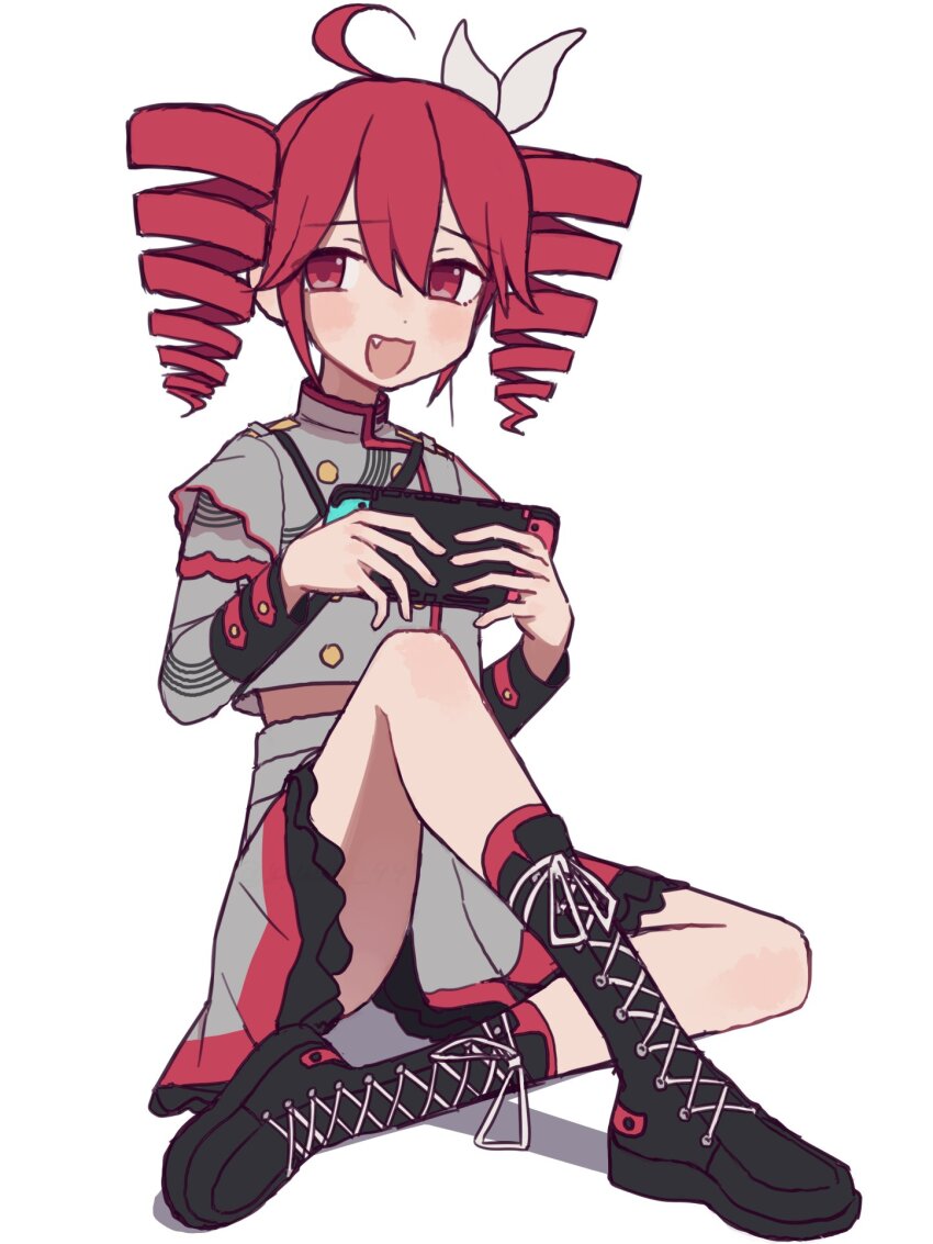 1girl :d ahoge belt black_belt black_bow black_skirt black_sleeve_cuffs blush boots bow buttons controller double-breasted fang game_controller grey_skirt hair_between_eyes hair_bow hashtag-only_commentary highres holding holding_controller holding_game_controller jacket kasane_teto kasane_teto_(sv) kneehighs lace-up_boots layered_skirt layered_sleeves long_sleeves looking_at_viewer musical_staff musical_staff_print nintendo_switch open_mouth red_eyes red_hair red_skirt red_socks red_trim shoulder_belt shoulder_boards simple_background sitting skirt smile socks solo striped_clothes striped_jacket synthesizer_v utau white_background yuge_99