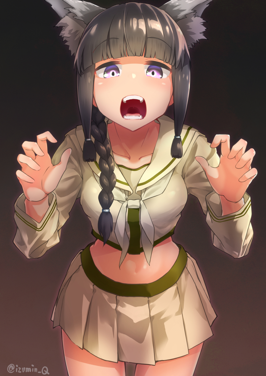 absurdres animal_ears black_hair blunt_bangs braid curled_fingers fangs grey_shirt grey_skirt hair_ribbon highres izumikuma kantai_collection kitakami_(kancolle) kitakami_kai_ni_(kancolle) long_hair midriff neckerchief pleated_skirt purple_eyes ribbon school_uniform serafuku shirt sidelocks single_braid skirt tress_ribbon two_side_up white_neckerchief wolf_ears