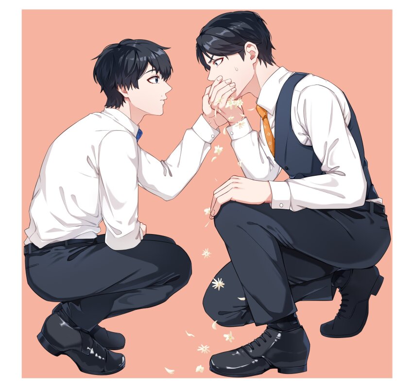 2boys 30-sai_made_doutei_dato_mahoutsukai_ni_nareru_rashii adachi_kiyoshi black_footwear black_pants border character_request check_character coughing_flowers highres kurosawa_yuuichi_(30-sai_made_doutei_dato_mahoutsukai_ni_nareru_rashii) long_sleeves looking_at_another lu_bai_(bhgzdhnorn3p9v8) male_focus multiple_boys necktie on_one_knee orange_necktie pants pink_background shirt short_hair white_border white_shirt yaoi